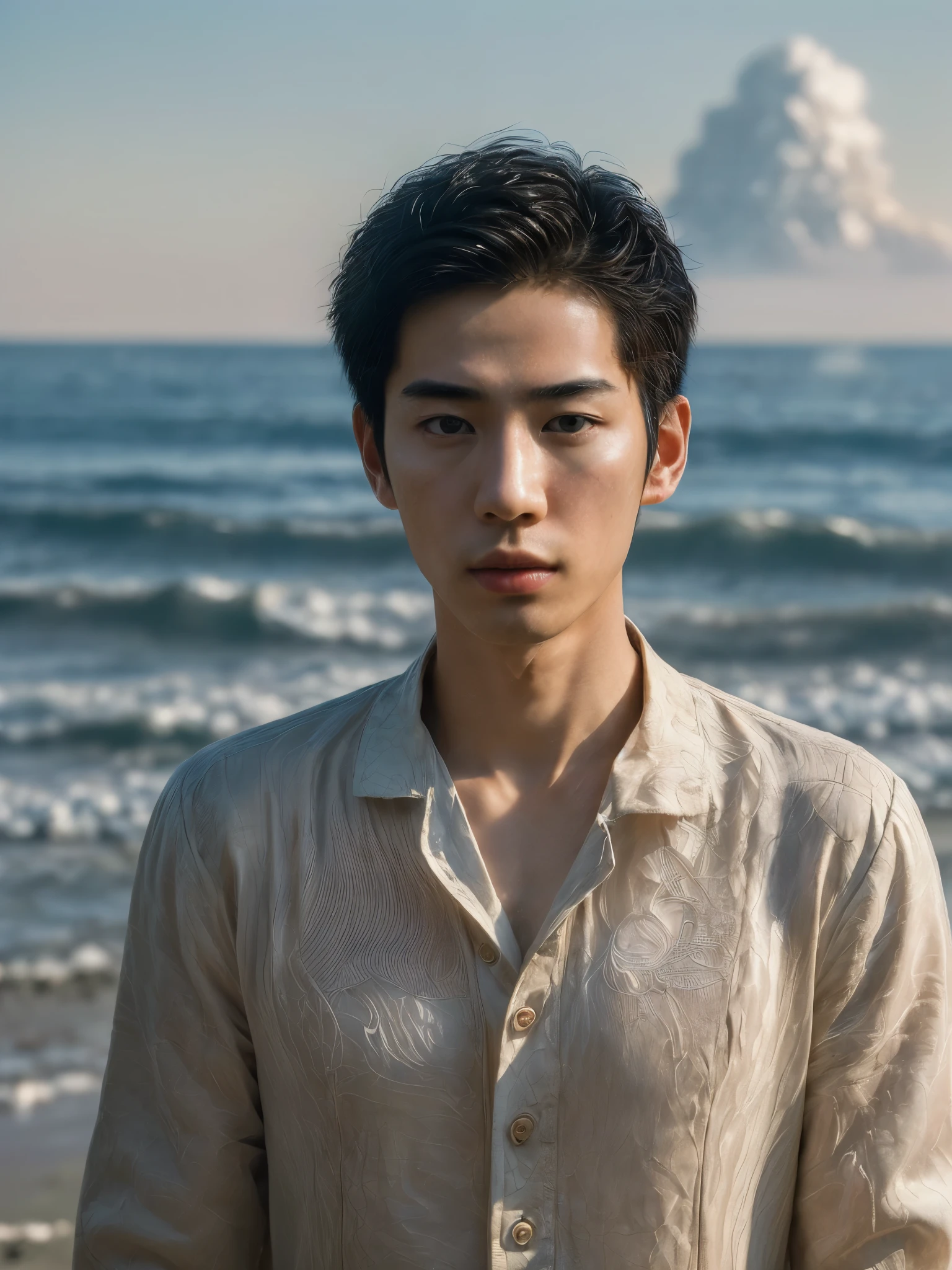 ((((masterpiece,best quality,Surreal)))),Extremely detailed,photography,1 boy,30-year-old male,Solitary,Slim Asian boy,(((male judge))),((portrait, Delicate skin, Real skin texture)),(((top down,Looking at another,writing,walk,Scattered Lighting))),seaside，Beach