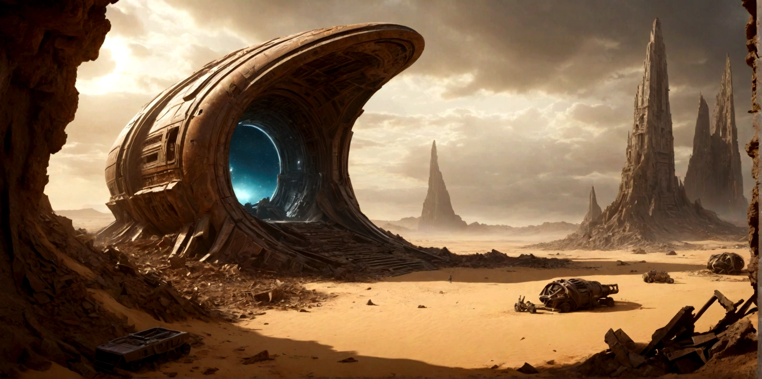 (EN UN VALLE RODEADO DE ACANTILADOS) ((THE DOOR OF AN ALIEN TEMPLE IN RUINS AND IN PIECES) , (A GIANT, THREE-LEVEL, 300-METER-LONG SPACESHIP FALLING RUSTY ABANDONED LAYING IN THE SAND CRUMBLED INTO DOZENS OF PIECES BY TIME))), SUPER HIGH DEFINITION IMAGE WITH HYPER REALISM , MUCHO CALOR, PLANETA SECO, hyper realistic in 4K, cinematic lighting. little vegetation on alien planet other than Earth, cloudy stormy and cold weather, el sol se oculta
