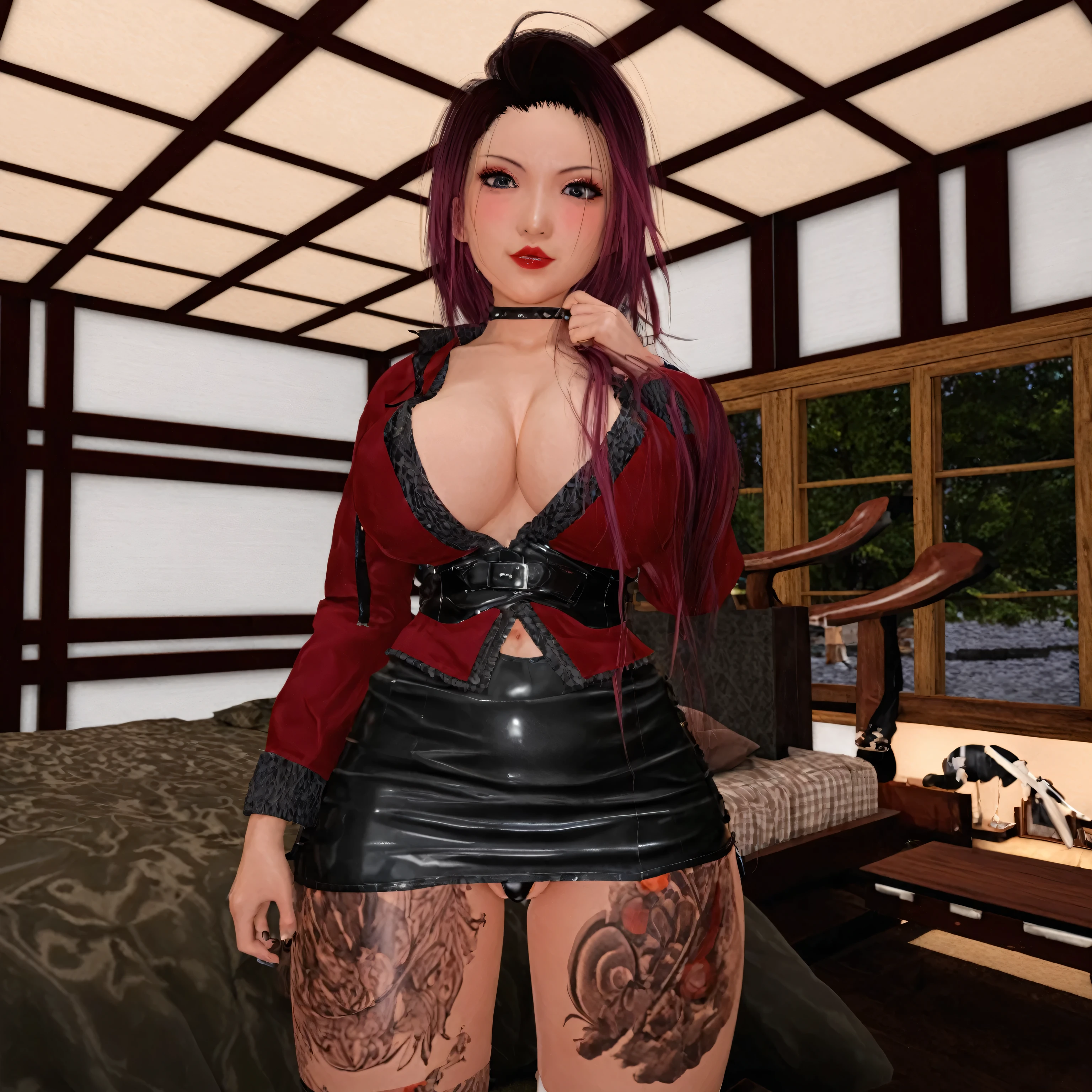 there is a 3d image of a woman in a room, sensual gloomy style, dressed in crustpunk clothing, wearing atsuko kudo latex outfit, katana, inspired by Gigadō Ashiyuki, inspired by Shukei Sesson, inspired by Yuko Tatsushima, masuimi max, inspired by Taiyō Matsumoto