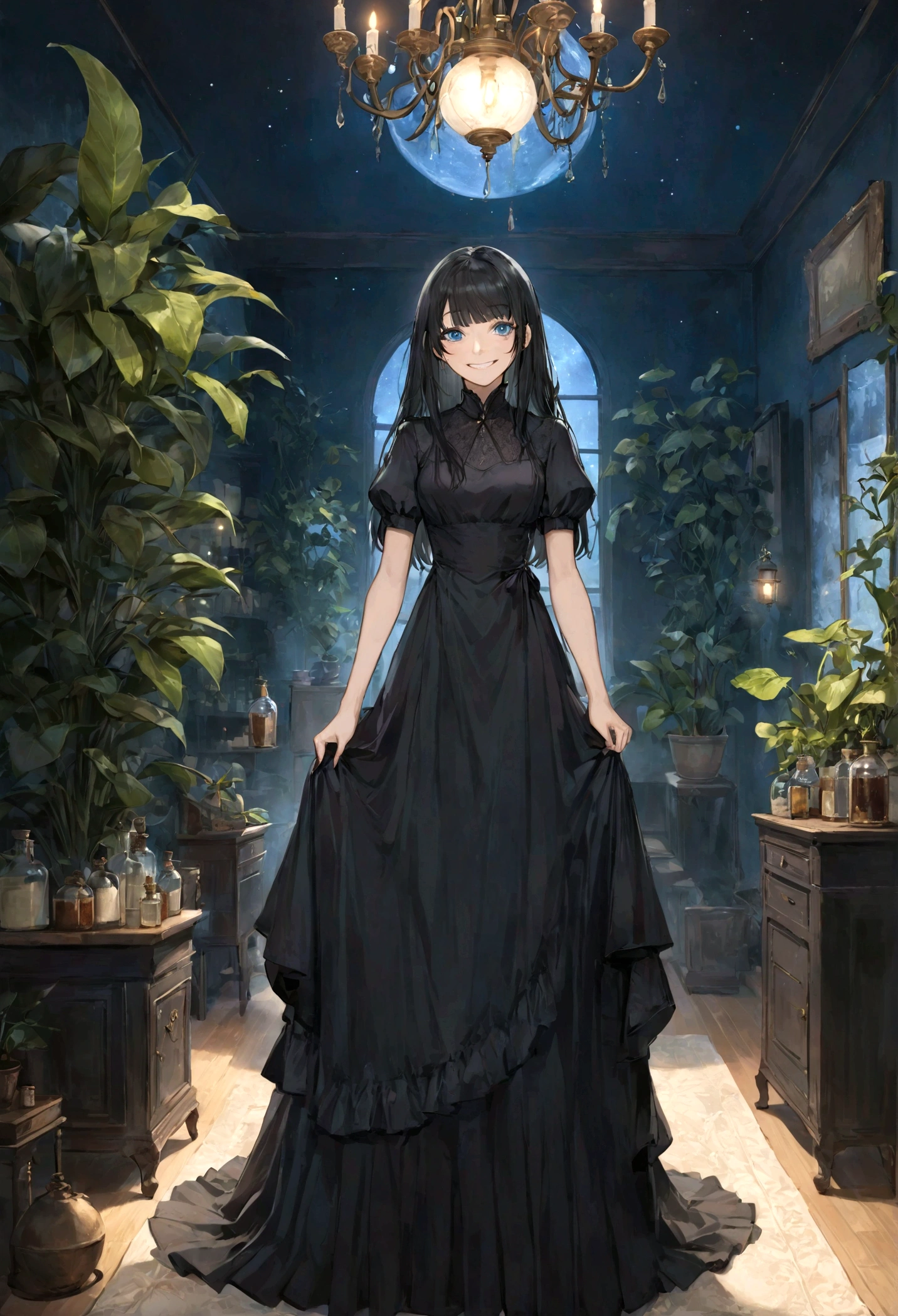 Victorian Era, Perfect Female Body, 1 Woman, Posing, full body scale, Night Background, Black long hair with bangs, blue eyes, black long dress, apothecary, plants, inside room with plants, good light, light particles, smile, villain smile, grin, smirk