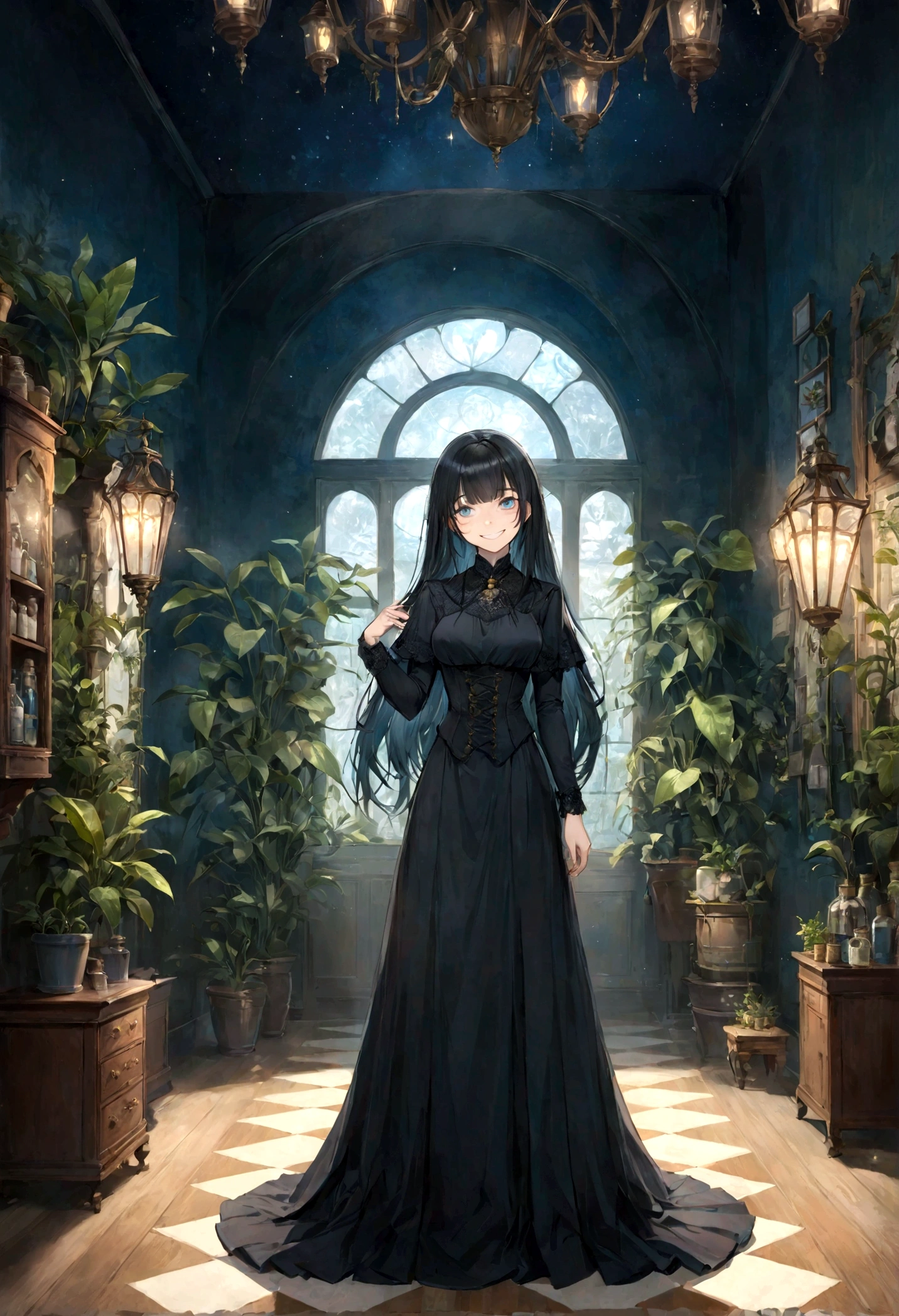 Victorian Era, Perfect Female Body, 1 Woman, Posing, full body scale, Night Background, Black long hair with bangs, blue eyes, black long dress, apothecary, plants, inside room with plants, good light, light particles, smile, villain smile, grin, smirk