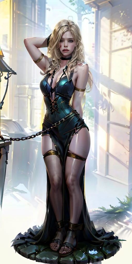 (masterpiece, best quality), intricate details, 1girl, 1girl in, age19, Solo, Long hair, Colossal, Looking at Viewer, blond hair, Alexis Texas (standing full body toe to head by wooden pole:1.2) iron collar, arms behind back, iron cuffs, shackles, bound, bondage outfit, harness, o-ring, bondage outfit blindfolded cover eyes, happy red cheeks, chain leash collar choker neck bell shackles wristbands bracers bracelets, cleave gag, sad face, red cheeks, cryings tears, painful (she was sold and betrayed by her own family)