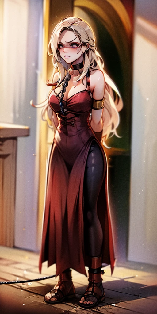 (masterpiece, best quality), intricate details, 1girl, 1girl in, age19, Solo, Long hair, Colossal, Looking at Viewer, blond hair, Alexis Texas (standing full body toe to head by wooden pole:1.2) iron collar, arms behind back, iron cuffs, shackles, bound, bondage outfit, harness, o-ring, bondage outfit blindfolded cover eyes, happy red cheeks, chain leash collar choker neck bell shackles wristbands bracers bracelets, cleave gag, sad face, red cheeks, cryings tears, painful (she was sold and betrayed by her own family)