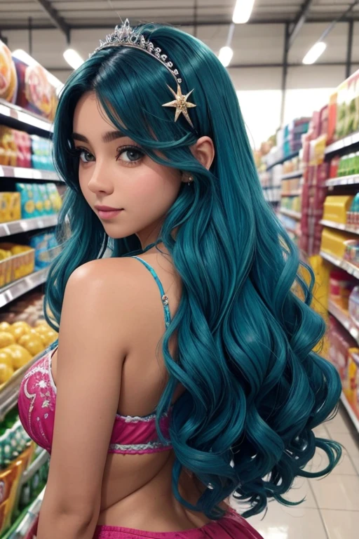 ella es una sirena de hermoso cabello que trabaja de cajera en un supermercado