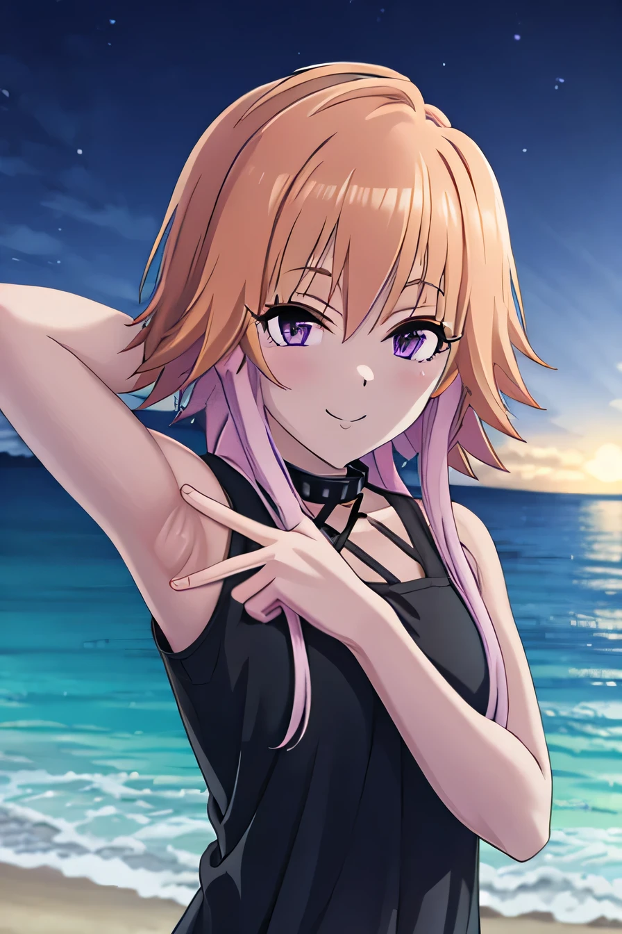 ninomiya asuka, masterpiece, best quality, ultra-detailed, solo,1girl, orange hair,long hair,bangs,twin braids,pink hair,purple eyes, sleeveless, studded collar, black tank top, white short, upper body, beach, night sky, arms behind head, spread armpits, contrapposto, smile, closed mouth, looking at viewer,