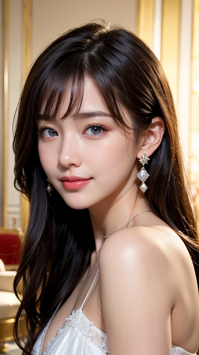 :1.5, Maintain this face and pose image:1.5、Pale face and eyes:1.3、細いPale face and eyes:1.3, blue eyes:1.3、{RAW shooting、4k, 8k, highest quality}, {{Masterpiece}}, {Very delicate and beautiful}, Outstanding light and shadow, Highly detailed wallpaper, Sunny and bright sunlight, whole body, whole body、 1 girl, , blush:1.2、Shaggy light brown long hair:1.5, Strong sunlight,  Delicate Hair,Realistic skin texture, B cup breasts、valley, Fresh, Young Skin, Visible wrinkles on the skin., Broad shoulders:1.4, Heavy makeup、((A strong light shines on your face:1.5)), color々Strike a Pose:1.5, necklace、ring、Earrings、(Toothy smile:1,5)、smile:1.5, Ray Tracing, Sexy and seductive gestures、((The Ritz Carlton Hotel Lounge:1.5))、(((Cocktail Dresses)))、