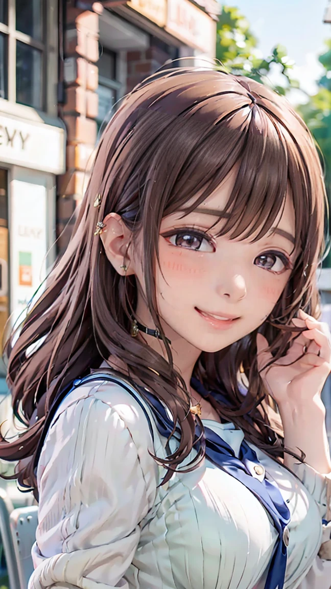 No sleeve, ponytail, japanese girl、 highest quality, masterpiece, realistic, Photorealistic super detail, one girl, cute, best smile, beautiful eyes, long hair, perfect face,full body shot