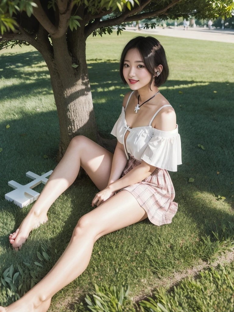 (8k, Photorealistic, Raw photo, Highest quality: 1.4),Japanese idol-style beautiful girl,1people,18-year-old,Short bob hairstyle,Silver Hair,She has her hair tucked behind her ears,She has small earrings in her ears,Big, clear grey eyes,Long eyelashes,Plump Cheeks,She is wearing pink lipstick,Apply gloss over your lipstick for glossy, plump lips,Smiling,A short pendant is hanging around her neck,Blackのマニキュアを両手の爪に塗っている,Blackのマニキュアを両足の爪に塗っている,She is wearing a white off-the-shoulder summer knit on bare skin.,I can see her cleavage,Pleated skirt(Black,Plaid)Wear,sit(On the grass under the tree in the park,barefoot,sitting cross-legged :2.0)),Hands placed between legs,She is surrounded by the gentle sunlight filtering through the trees.,Angle from the front,whole body ports