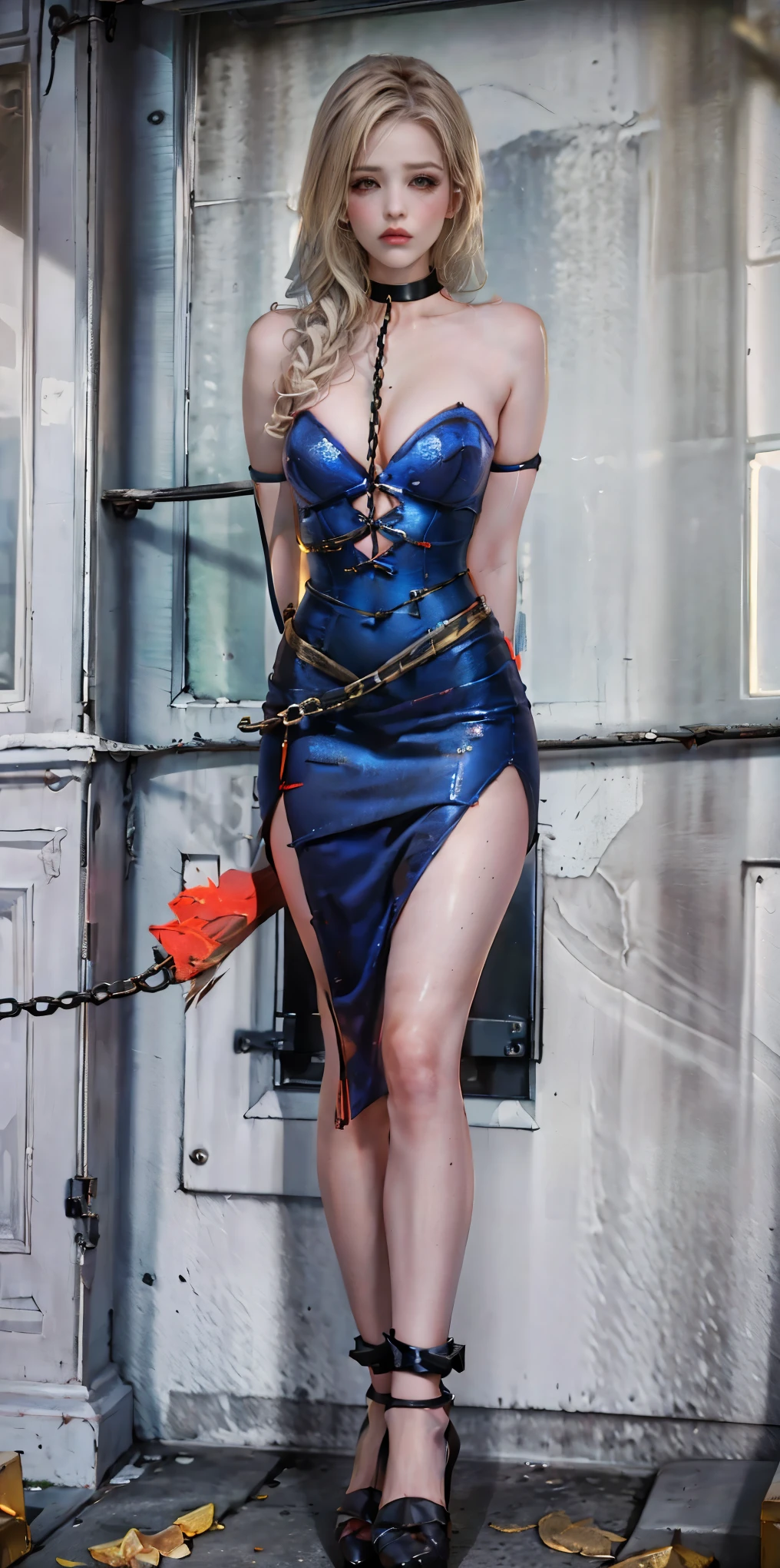(masterpiece, best quality), intricate details, 1girl, 1girl in, age19, Solo, Long hair, Colossal, Looking at Viewer, blond hair, Alexis Texas (standing full body toe to head by wooden pole:1.2) iron collar, arms behind back, iron cuffs, shackles, bound, bondage outfit, harness, o-ring, bondage outfit blindfolded cover eyes, happy red cheeks, chain leash collar choker neck bell shackles wristbands bracers bracelets, cleave gag, sad face, red cheeks, cryings tears, painful (she was sold and betrayed by her own family)
