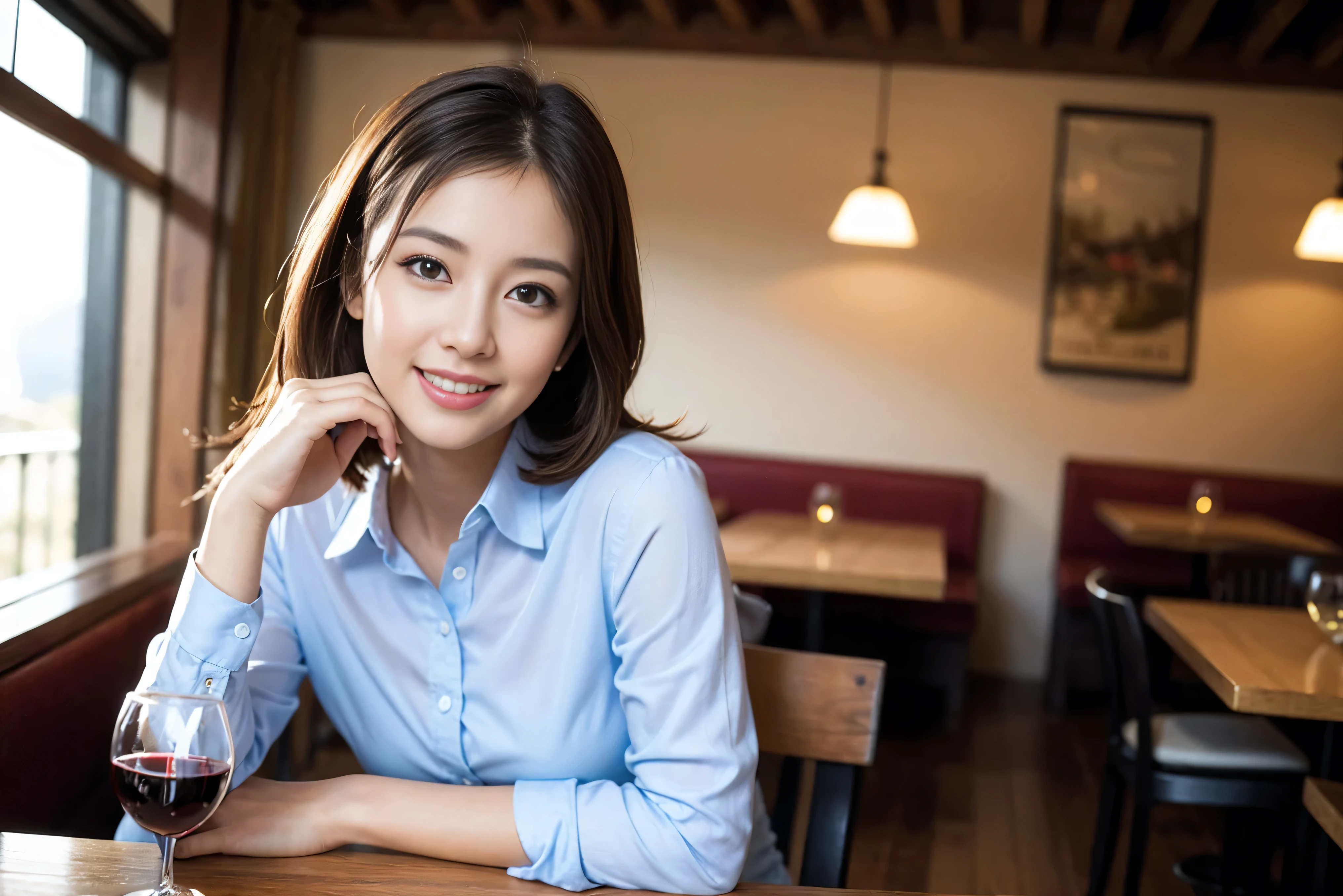 ((highest quality、8k、masterpiece:1.3))、Satomi Ishihara lookalike beauty、1 male、1 female、Couple、Spouse、half、The body is slim、((Bob Hale、Straight hair:1.2)), (Realistic, Intricate details:1.2), Wine glass on the table、Shine light on your face、 Amazing view of the sunset sky and clouds、Amazing mountain views、A bright smile、The wonderfulness of smile、Bright image、The beauty of wine, Beautiful Face, blue eyes, The light shines on your face, Blushing, short hair,Bright Face、 (Age 45), 39 years old, red wine 、Appetizers、Italian food、Wine bottle、Champagne、sparkling wine、Two beauties、Brown Hair、Shortcuts、Long sleeve shirt、dress、Pretty Woman 1, (Slim face), (The body is slim), (Brown Hair), (Shortcuts), cheeks turn a little red,Attractive beauty、restaurant, In a prominent place (From the waist up) Nova Frog Style, actress, model, Upper Body, White wine, slim, wine glass, A wine glass placed in the center, smile, (smile: 1.15), Beautiful fine grain, Depth f/2,saturation, High Contrast, Strong light and shadow,Moist Body:1.5、3D texture、Delicate eyes、Brown Hair、The hair is very shiny、