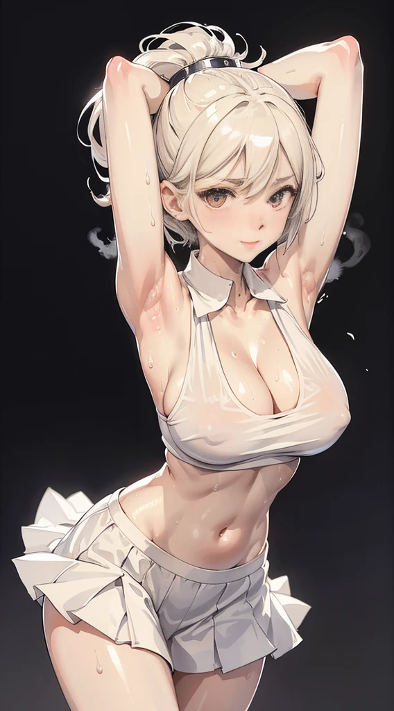 1 Girl, Solitary, White Polo Shirt, white sneakers, Tennis Clothes, White mini skirt, masterpiece, best quality, Practical, Ultra Detailed, (shiny skin, Sweating:1.4), Smiling blushing, looking at the audience, White short hair, Brown eyes, slim, Dynamic Lighting, high resolution, Clear focus, Depth of Field, delicate eyes, Sharp pupils, Practical pupils, (Very slim figure:1.3),Huge breasts:1.4 Huge breasts:1.4,full, Firm breasts,Showing cleavage,Nipple protrusion,Belly button full breasts, Large Breasts, Slender sexy legs, Put your hands behind your head((Clear nipples))、Rocket , (Large Breasts),(because I'Thin), (Thick thighs:1.0), outdoor, Sky