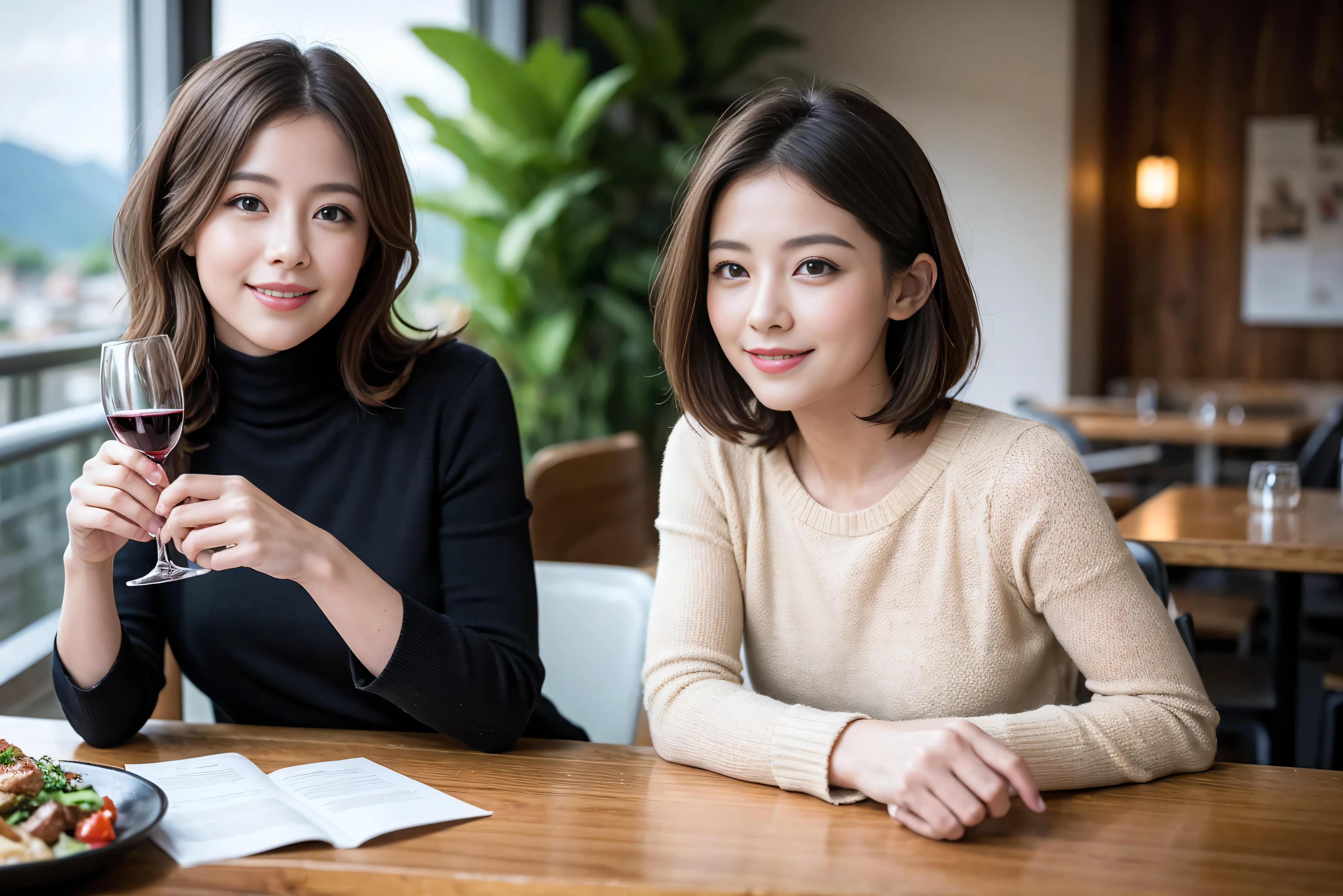 ((highest quality、8k、masterpiece:1.3))、Satomi Ishihara lookalike beauty、1 male、1 female、Couple、Spouse、half、The body is slim、((Bob Hale、Straight hair:1.2)), (Realistic, Intricate details:1.2), Wine glass on the table、Shine light on your face、 Amazing view of the sunset sky and clouds、Amazing mountain views、A bright smile、The wonderfulness of smile、Bright image、The beauty of wine, Beautiful Face, blue eyes, The light shines on your face, Blushing, short hair,Bright Face、 (Age 45), 39 years old, red wine 、Appetizers、Italian food、Wine bottle、Champagne、sparkling wine、Two beauties、Brown Hair、Shortcuts、Long sleeve shirt、dress、Pretty Woman 1, (Slim face), (The body is slim), (Brown Hair), (Shortcuts), cheeks turn a little red,Attractive beauty、restaurant, In a prominent place (From the waist up) Nova Frog Style, actress, model, Upper Body, White wine, slim, wine glass, A wine glass placed in the center, smile, (smile: 1.15), Beautiful fine grain, Depth f/2,saturation, High Contrast, Strong light and shadow,Moist Body:1.5、3D texture、Delicate eyes、Brown Hair、The hair is very shiny、