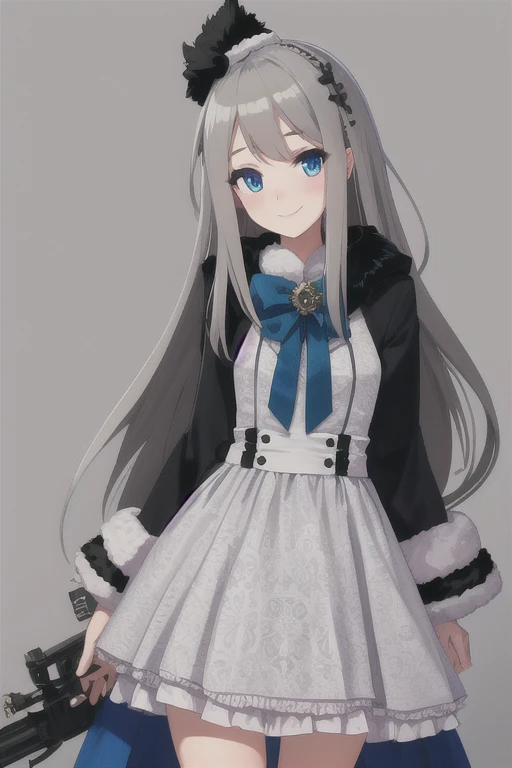 ((Best quality))), ((Ultra-detailed)), ((illustration)), ((Disheveled hair)), ((frilld)), (1 girl), (Solo),,1girl, closed_mouth, looking_at_viewer, solo, rating:safe, arms_behind_back, bangs, black_bow, blush, bow, clothing, dress, eyebrows_visible_through_hair, female, female_only, fur_hat, hair_flaps, hat, head_tilt, headwear, long_hair, long_sleeves, sidelocks, smile, very_long_hair, gray hair, blue_eyes,