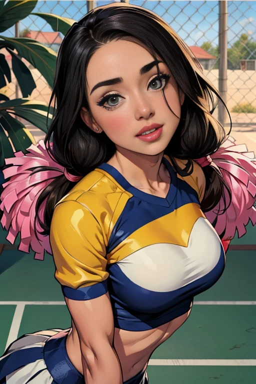 cheerleader,pequeno sorriso,cheerleader,cheerleader uniform, (((Obra de arte))), (((melhor qualidade))), ((ultra-detalhado)), (illustration), ((extremamente delicado e lindo)),(Bokeh,fundo desfocado),(melhor sombra), 1 garota,calcinha branca, cabelo preto, cabelo longo, kawaii,bonitinho,mudar, brilho Destaque Spot nos olhos, foco do personagem,tilt your head,