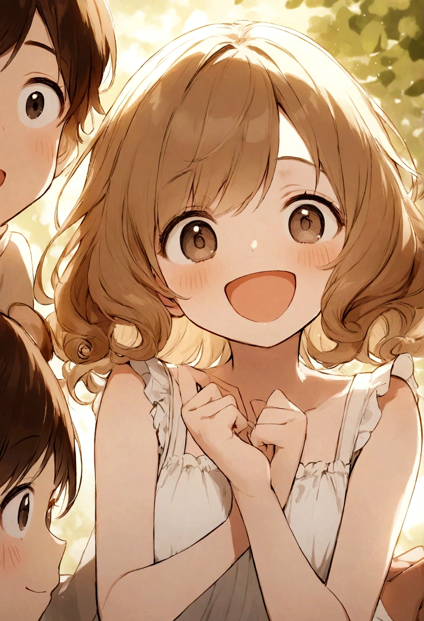 white dress: Curly brown hair, yellowish brown , black eyes,very happy
