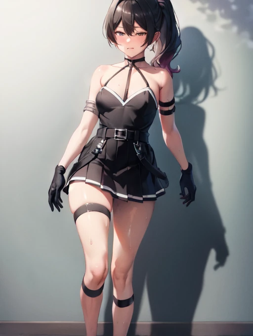 masterpiece, highest quality,(detailed), Bruises, Long Hair, Side Ponytail,
Black Dress,Normal chest、Slender body、 belt, Arm strap, One-elbow gloves, Thigh Strap Sweat,sexy,Full Body Shot、sexyショット、