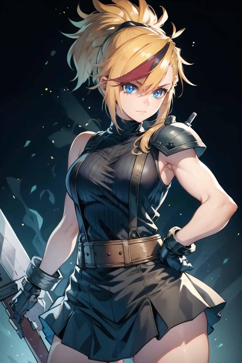 (masterpiece, best quality:1.2), Blue  glowing eyes, perfect face, highres, 1 girl, solo, ultra long ponytail, (female:1.5), strife, blonde hair, shoulder armor, sleeveless turtleneck, suspenders, belt, gloves, bracer, evil smile, standing, portrait, looking at viewer, giant sword on the back