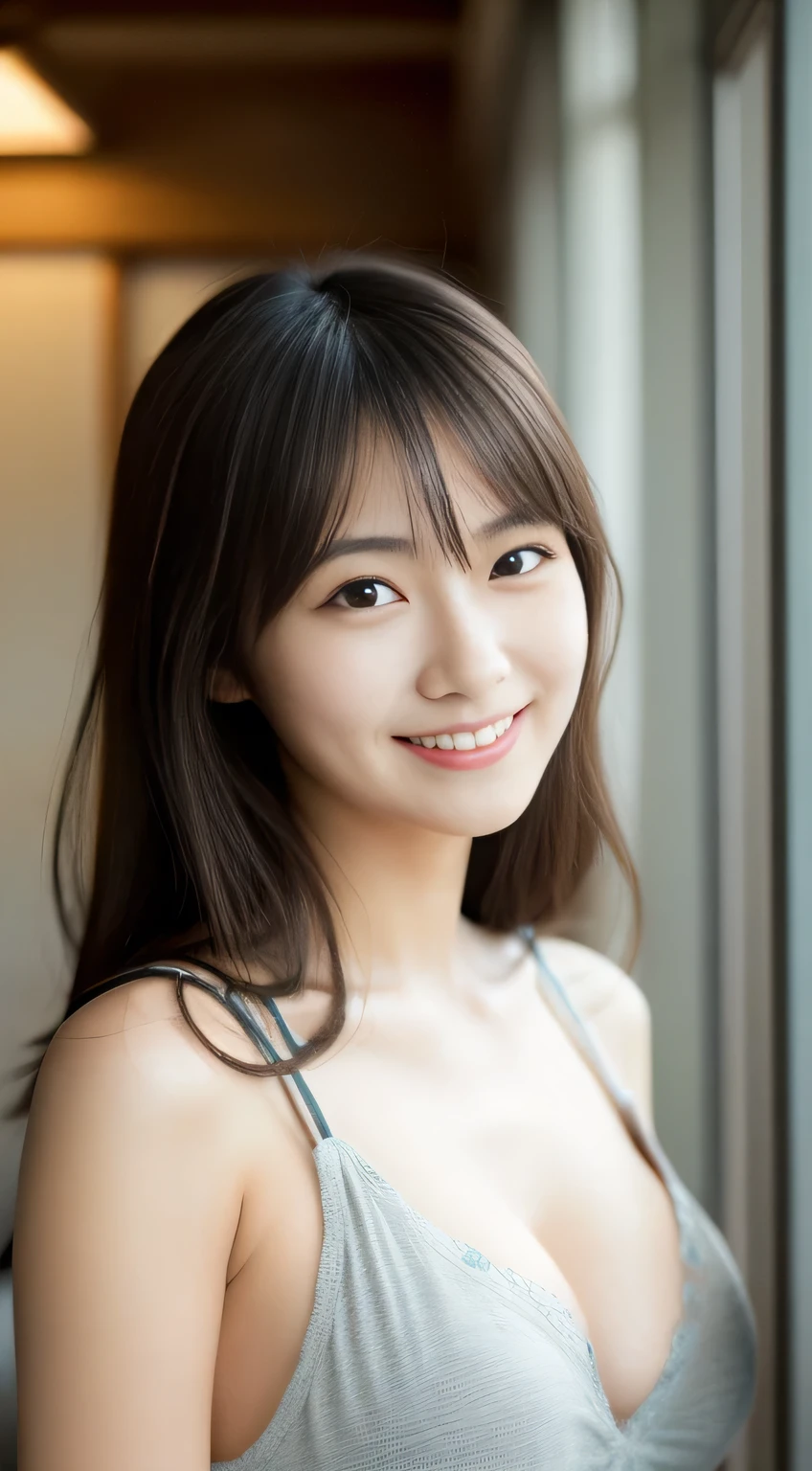 masterpiece,best quality,(Japanese ),((Beautiful girl)),cleavage,indoor,(perfect body beauty:1.2),(shy smile),beautiful teeth,