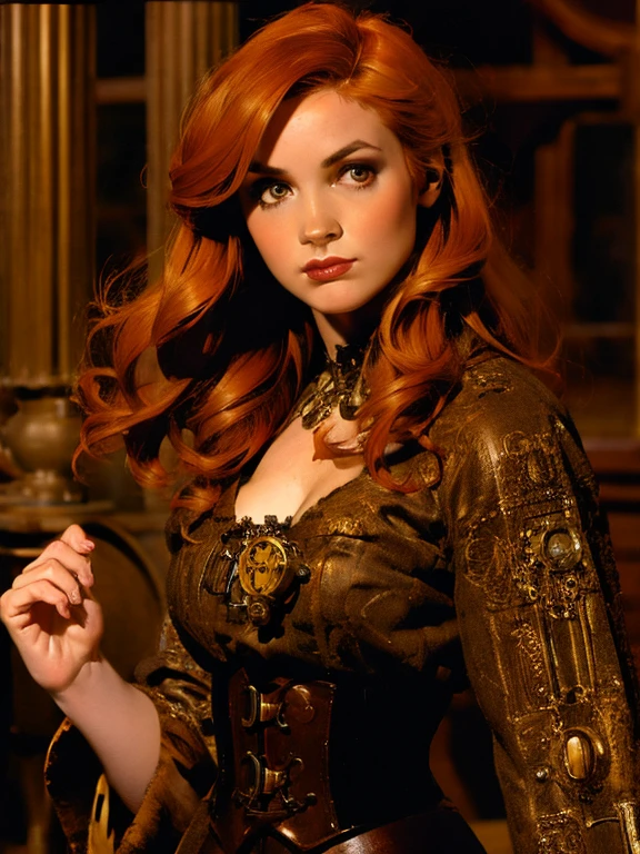 (steampunk:1.4), (Gothic horror:1.3), Beautiful redhead alchemist in her laboratory. Masterpiece, (highly detailed:1.1),(detailed face and eyes:1.2), 8k wallpaper, candle lighting. core shadows, high contrast, bokeh.