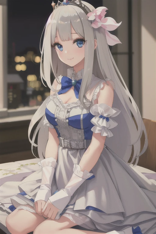 ((Best quality))), ((Ultra-detailed)), ((illustration)), ((Disheveled hair)), ((frilld)), (1 girl), (Solo),,1girl,bangs,blonde_hair,blunt_bangs,blurry,blurry_foreground,bow,crown,depth_of_field,dress,indoors,jewelry,long_hair,photo_(medium),pov,sitting,smile,solo_focus,tiara,rating:safe,Princess_dress, gray hair, blue_eyes,