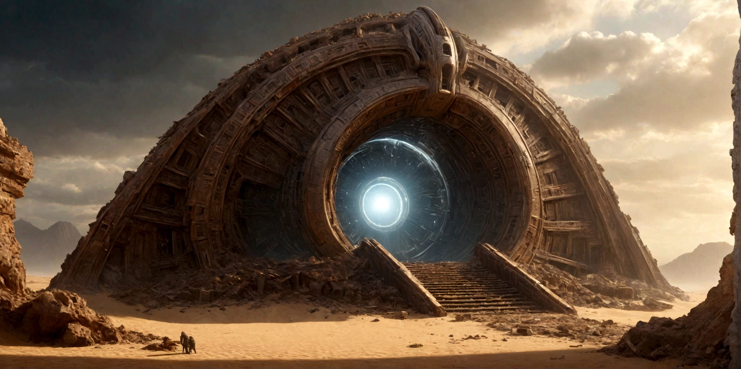 (EN UN VALLE RODEADO DE ACANTILADOS) ((TO THE INTRICATE DOOR OF AN ALIEN TEMPLE IN RUINS AND IN PIECES) , (A GIANT, THREE-LEVEL, 300-METER-LONG SPACESHIP FALLING RUSTY ABANDONED LAYING IN THE SAND CRUMBLED INTO DOZENS OF PIECES BY TIME))), SUPER HIGH DEFINITION IMAGE WITH HYPER REALISM , MUCHO CALOR, PLANETA SECO, hyper realistic in 4K, cinematic lighting. little vegetation on alien planet other than Earth, cloudy stormy and cold weather, el sol se oculta