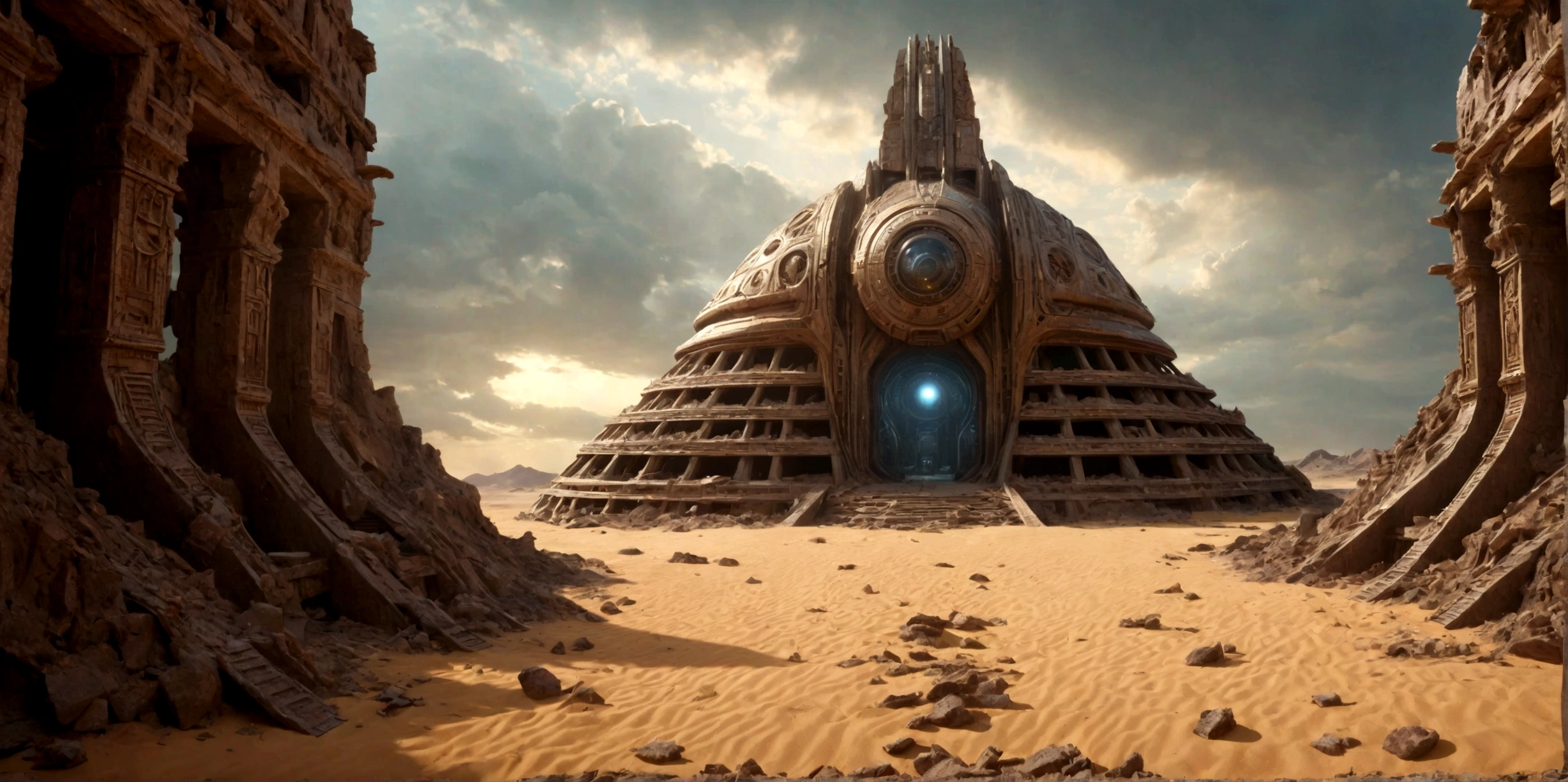 (EN UN VALLE RODEADO DE ACANTILADOS) ((TO THE INTRICATE DOOR OF AN ALIEN TEMPLE IN RUINS AND IN PIECES) , (A GIANT, THREE-LEVEL, 300-METER-LONG SPACESHIP FALLING RUSTY ABANDONED LAYING IN THE SAND CRUMBLED INTO DOZENS OF PIECES BY TIME))), SUPER HIGH DEFINITION IMAGE WITH HYPER REALISM , MUCHO CALOR, PLANETA SECO, hyper realistic in 4K, cinematic lighting. little vegetation on alien planet other than Earth, cloudy stormy and cold weather, el sol se oculta