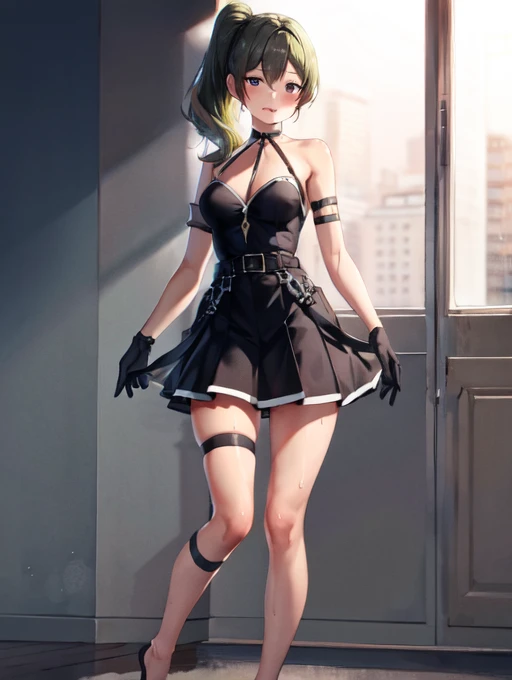 masterpiece, highest quality,(detailed), Bruises, Long Hair, Side Ponytail,
Black Dress,Normal chest、Slender body、 belt, Arm strap, One-elbow gloves, Thigh Strap Sweat,sexy,Backwards、look back、Full Body Shot、sexyショット、