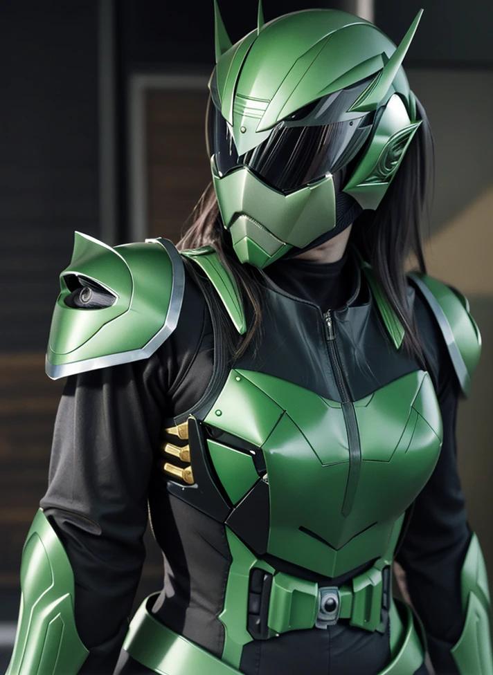 Armoured girl, realistic, long hair, lite green black robotics, full helmet, as Kamen rider,