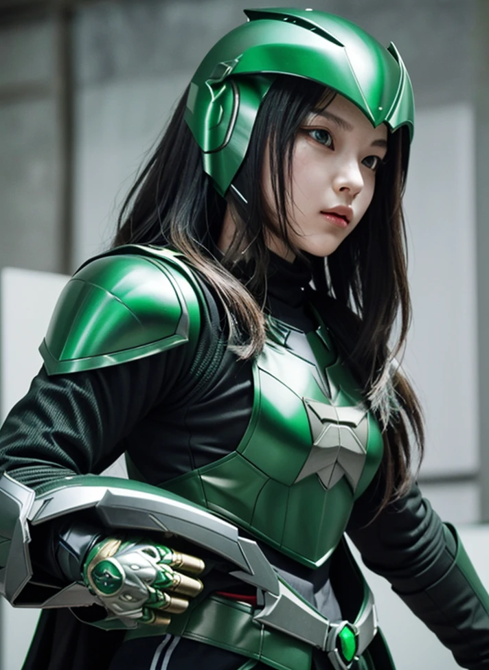 Armoured girl, realistic, long hair, lite green black robotics, full helmet, as Kamen rider,