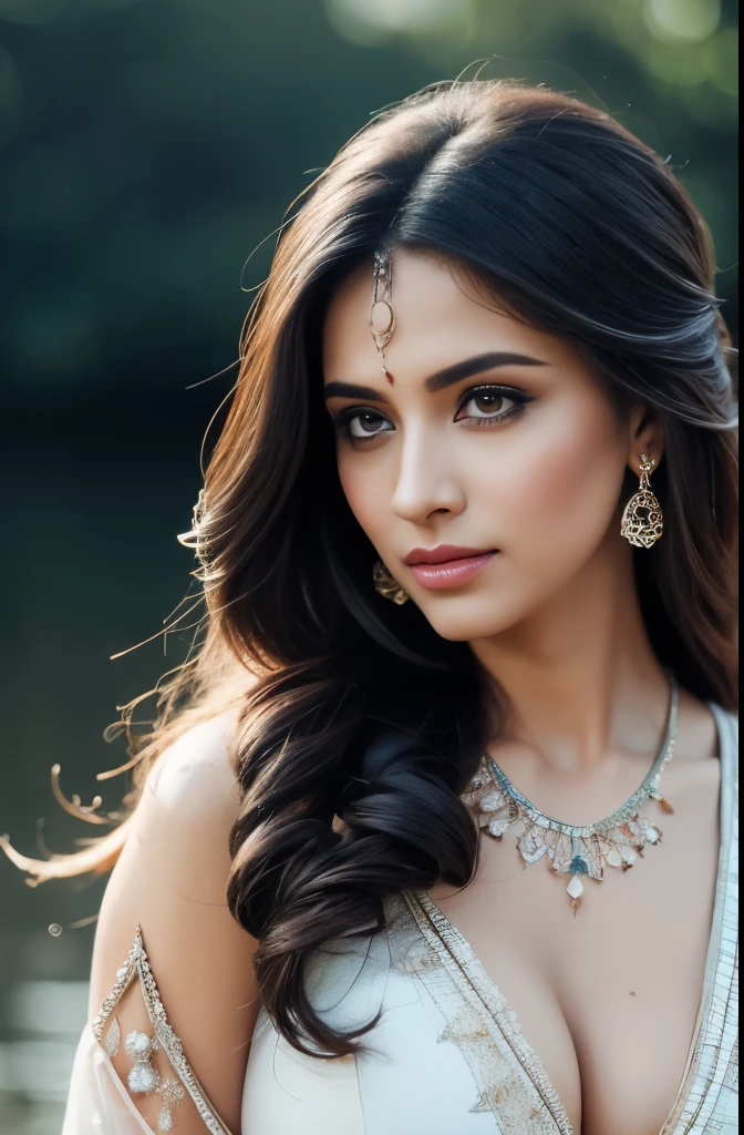 Portrait of A confident-looking indian princess from kamasutra with long flowing hair, hazel eyes, without flowing capes, Cleopatra fabric with laces, c-cup breasts, sitting in grass, water background, bokeh, perfect composition, hyperrealistic, super detailed, 8k, high quality, trending art, trending on artstation, sharp focus, nude studio photo, intricate details, highly detailed, art by greg rutkowski