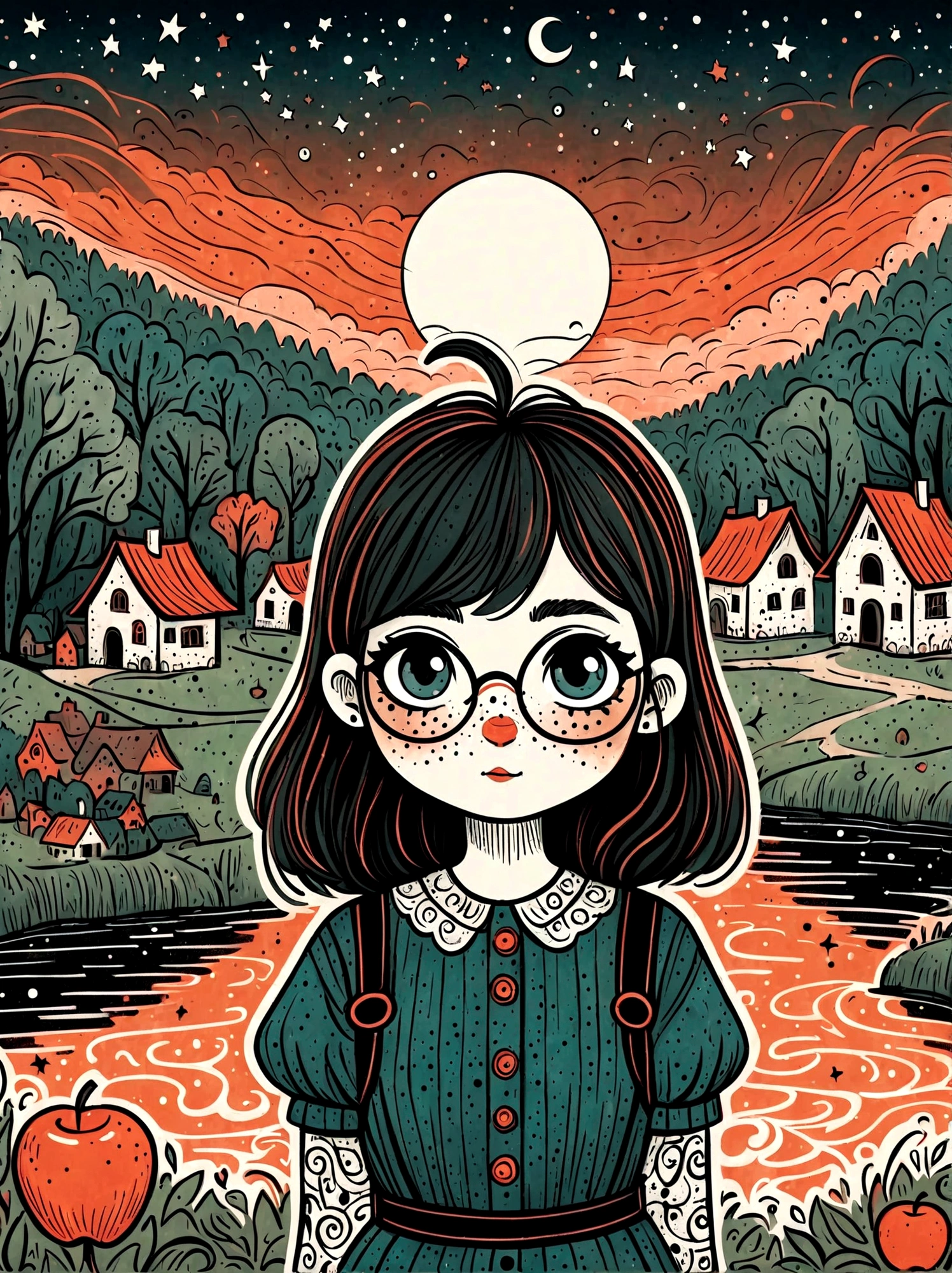 Cartoon hand drawn, 1girl, solo, Cute young attractive girl，Strong Gothic makeup, A village by the lake with a birch forest and an apple orchard，Starry nights，((Mattias_Adolfsson style))，Gloomy and foggy atmosphere，The cute absurdity、The attraction and rejection of extraordinary appearance，Magical naive art，Bright blue and green，The color palette is in red, orange and black tones and has a sketchy style, The background should have a simple hand-drawn doodle pattern, 1shxx1