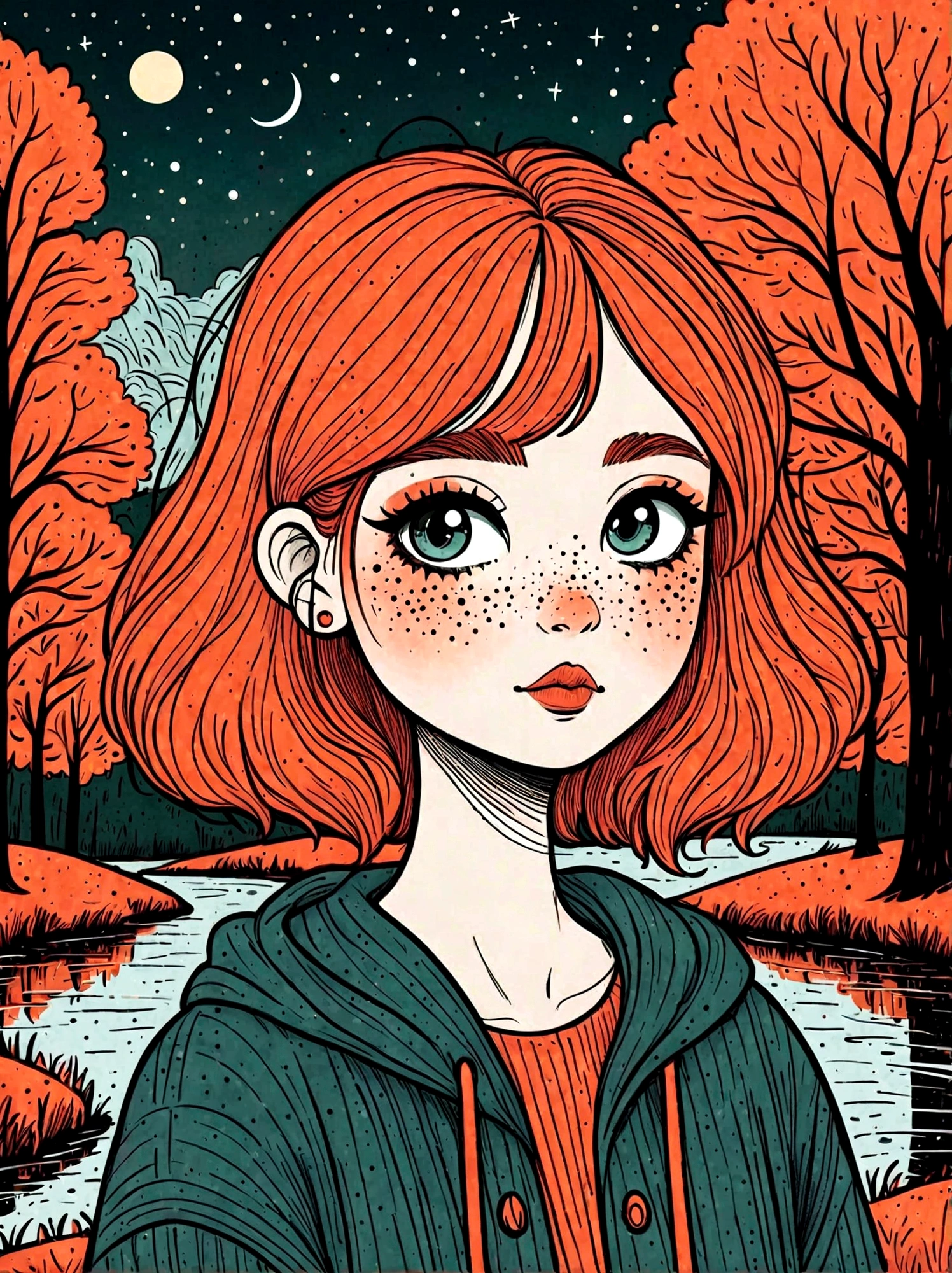 Cartoon hand drawn, 1girl, solo, Cute young attractive girl,Strong Gothic makeup, A village by the lake with a birch forest and an apple orchard,Starry nights,((Mattias_Adolfsson style)),Gloomy and foggy atmosphere,The cute absurdity、The attraction and rejection of extraordinary appearance,Magical naive art,Bright blue and green,The color palette is in red, orange and black tones and has a sketchy style, The background should have a simple hand-drawn doodle pattern, 1shxx1
