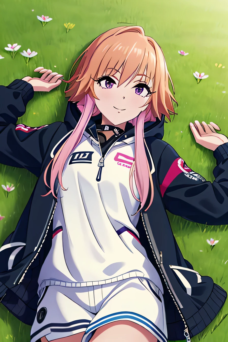 ninomiya asuka, masterpiece, best quality, ultra-detailed,highres, solo,1girl, orange hair,long hair,bangs,twin braids,pink hair,purple eyes,black jacket,open jacket,hoodie,white short, solo, (cowboy shot:1.5), lying, on back, spread arms, on grass, smile, closed mouths,