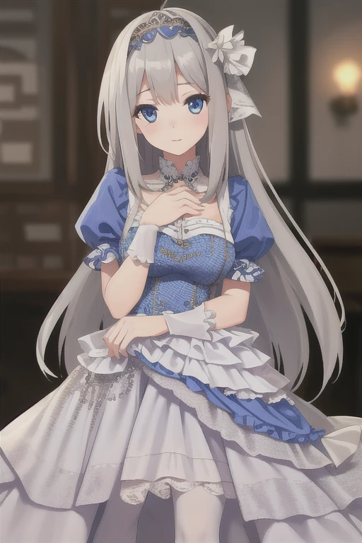 lexington \(warship girls r\),1girl, solo, (8k, masterpiece:1.2), highly detailed, ultra-detailed, masterclass, hair_between_eyes, braid, perfect lighting, medium breasts, hair ornament, Flaxen long hair(delicate eyes), (blue eyes), (detailed facial features), full body, long_hair, blush, feathers hair ornament, (dark blue wedding dress:1.2) night, windows, indoors, light, indoors, carpet, illustration, cowboy shot, masterpiece, best quality, best quality,Flaxen long hair(delicate eyes),(blue eyes),(MediumBlue evening dress:1.2),