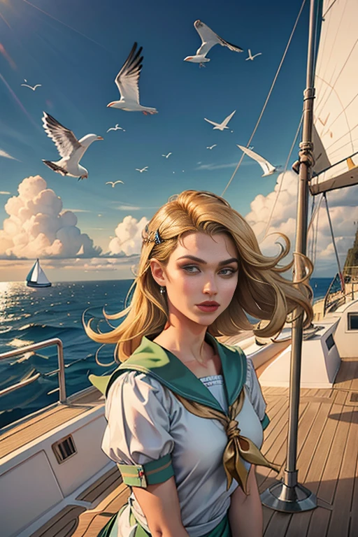 (((Obra de arte, mais alta qualidade, High definition, alto detalhe)))), ((((fantasia))), um, (mulher elfa)))), (saia curta branca com bordado dourado), (cabelo loiro longo e liso), (olhos verdes escuros brilhantes), (blusa branca com babados bordados em dourado), Grande, (((on the deck of a sailboat at sea)), (vasto mar))), (The firmament with visible clouds)), (( Seagulls flying in the sky)), sorriso, (brisa), Light particles flying
