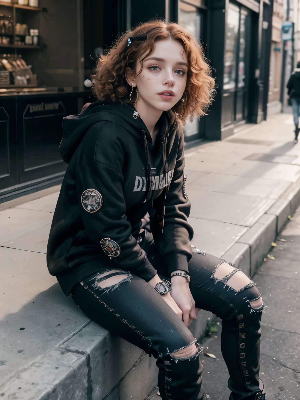 Caucasian woman, redhead, (((curly hair))), medium hair, honey eyes, lined eyes, (shiny eyes), highlights eyes, ((freckles on face)), red lipstick, makeup, smile, ((freckles on body)), athletic body, ((small breasts)), nipples, legs, full body, ((((distressed black hoodie with patches and pins, paired with black skinny jeans and combat boots))), Necklace, bracelets, earrings and wrist watch, In the city, side shot.