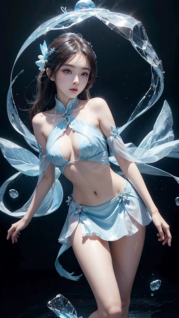 ice雪女神,frozen liquid,ice雪世界,ice,1 Girl,Translucent clothing,air bubble,Blue Butterfly,blue eyes,Blue nails,breast,positive, Character on the right, Upper Body, above knee,Dynamic poses,bubble,Blue Butterfly wings,Butterfly wings,crystal,skirt,Glowing Butterfly,long hair,looking at the audience,medium breast,Open your mouth,Solitary,water petite body,(Very slim figure:1.3),巨大的breast:1.4 巨大的breast:1.4,full, 挺拔的breast,Showing cleavage,Nipple protrusion,肚脐丰满breast, 大breast, Slender sexy legs, Put your hands behind your head((Clear nipples))、Rocket , (大breast),(because I'Thin)