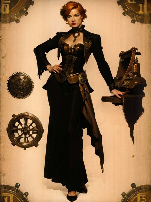 (back view),(full body:1.4),(steampunk:1.4), (Gothic horror:1.3), Beautiful redhead alchemist in her laboratory. Masterpiece, (highly detailed:1.1),(detailed face and eyes:1.2), 8k wallpaper, candle lighting. core shadows, high contrast, bokeh.