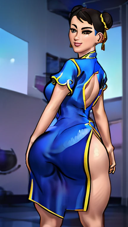 chun-li, (Obra de arte, mais alta qualidade, melhor qualidade, arte oficial, beautiful and aesthetic: 1.2), (1 garota), extremamente detalhado, (arte fractal: 1.3), mais detalhado, foco na parte inferior do corpo, corpo lento, HDR, ), Vivid visual effects, (dynamic stripes, Luminous traces: 1.2), Vista traseira, nu, Foco no quadril, sensual, quadris largos, figura grossa, completamente nu, Bunda, Bunda focus. olhando para o espectador,  looking back, rosto detalhado, olhos detalhados, rosto perfeito, olhos perfeitos, wearing an elegant red Chinese dress, Chinese hanfu dress, coxas expostas 