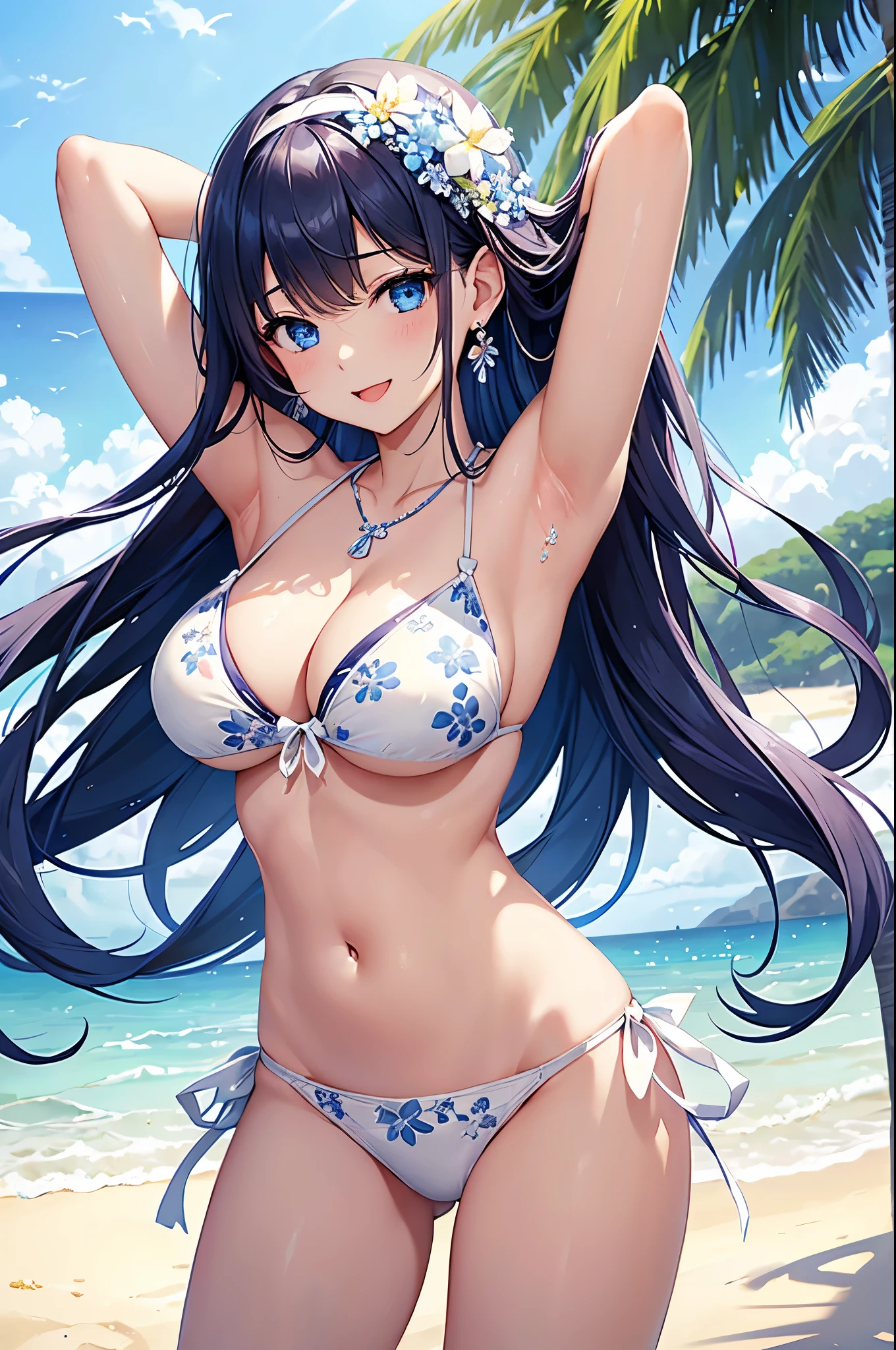 Highest quality、Highest quality、masterpiece、Beauty(Age 25)、Navy blue long hair(Braided sides)、blue eyes、Sexy plaid bikini、Big cleavage、(Big Breasts),smile、blue necklace、Blue Earrings、background(Beach)、Please open your mouth wide、head band、bracelet、Dynamic pose、Blue choker