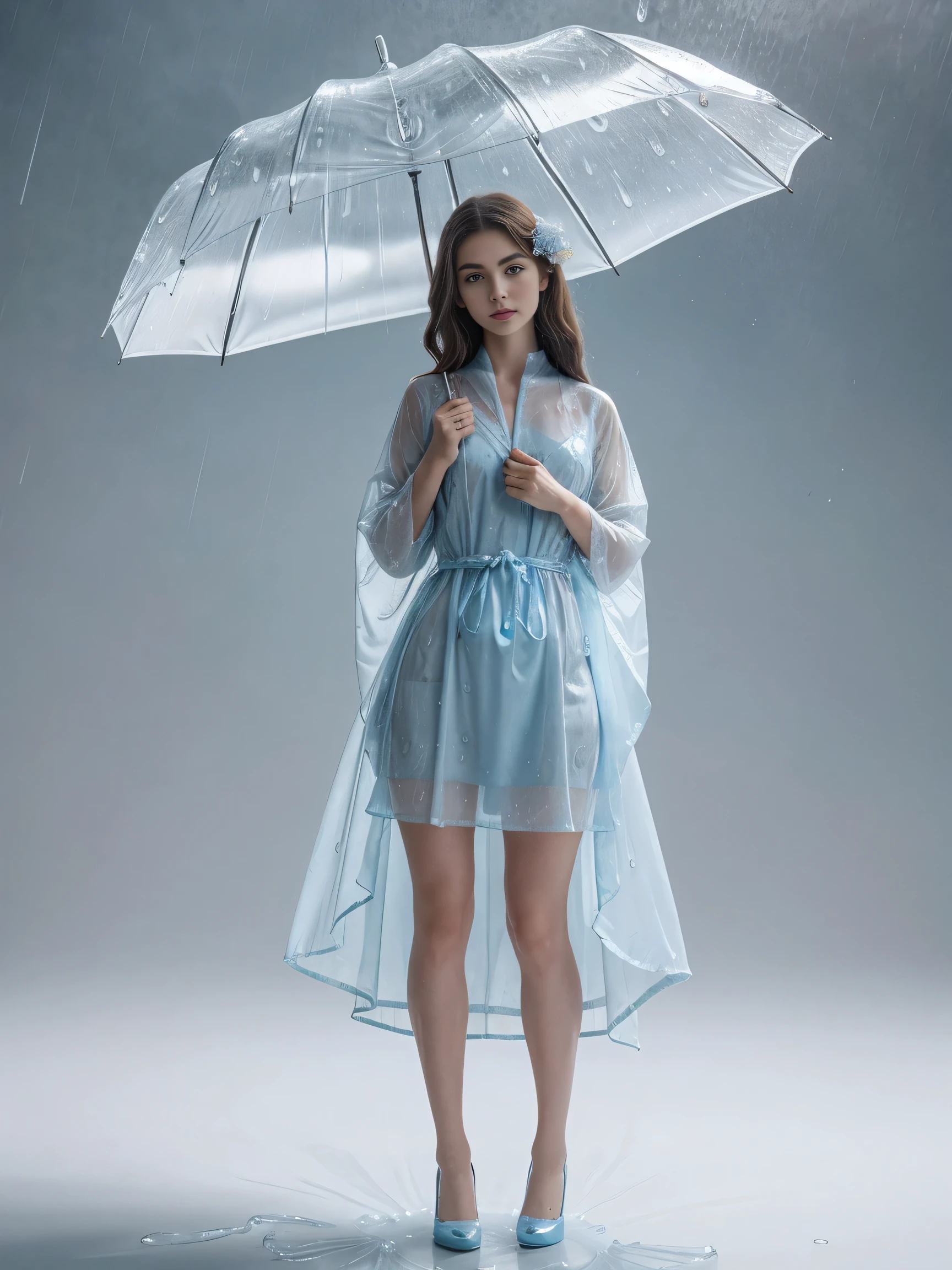 a full-body glistening porcelain doll, a serene, gentle look with pale blue eyes and long, flowing hair the color of rain clouds, She wears a delicate, pale blue dress with raindrop patterns and a translucent, raincoat-like shawl, White background