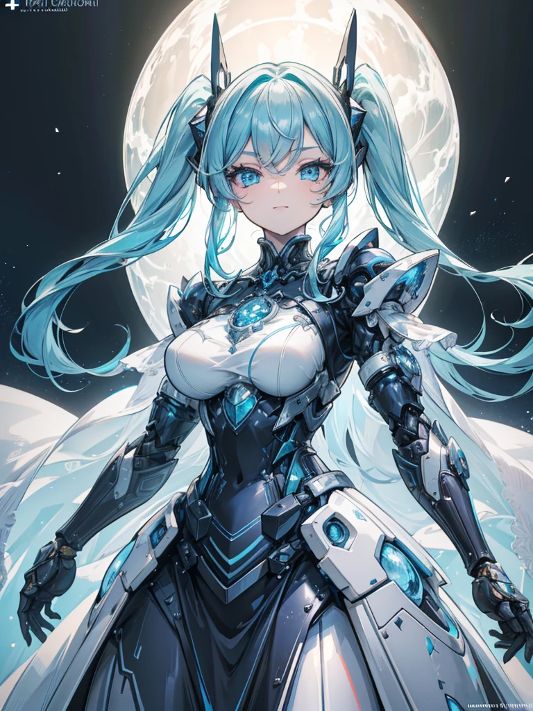 a beautiful girl in an elegant ruffled dress made of mechanical parts, standing in front of a beautiful transparent ice castle, blue hair in twin tails, blue eyes, beautifully detailed face, long eyelashes, beautiful smile, luxurious mechanical dress with visible mechanisms, standing in a magical pose, cowgirl shot, (best quality,4k,8k,highres,masterpiece:1.2),ultra-detailed,hdr,studio lighting,ultra-fine painting,sharp focus,physically-based rendering,extreme detail description,professional,vivid colors,bokeh,portrait