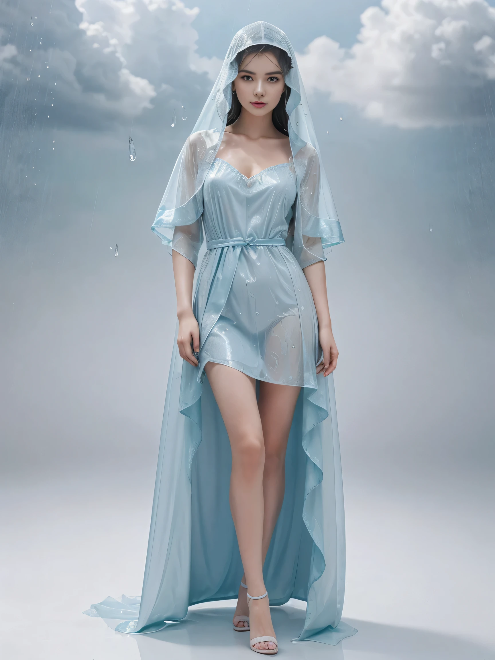 a full-body glistening porcelain doll, a serene, gentle look with pale blue eyes and long, flowing hair the color of rain clouds, She wears a delicate, pale blue dress with raindrop patterns and a translucent, raincoat-like shawl, White background