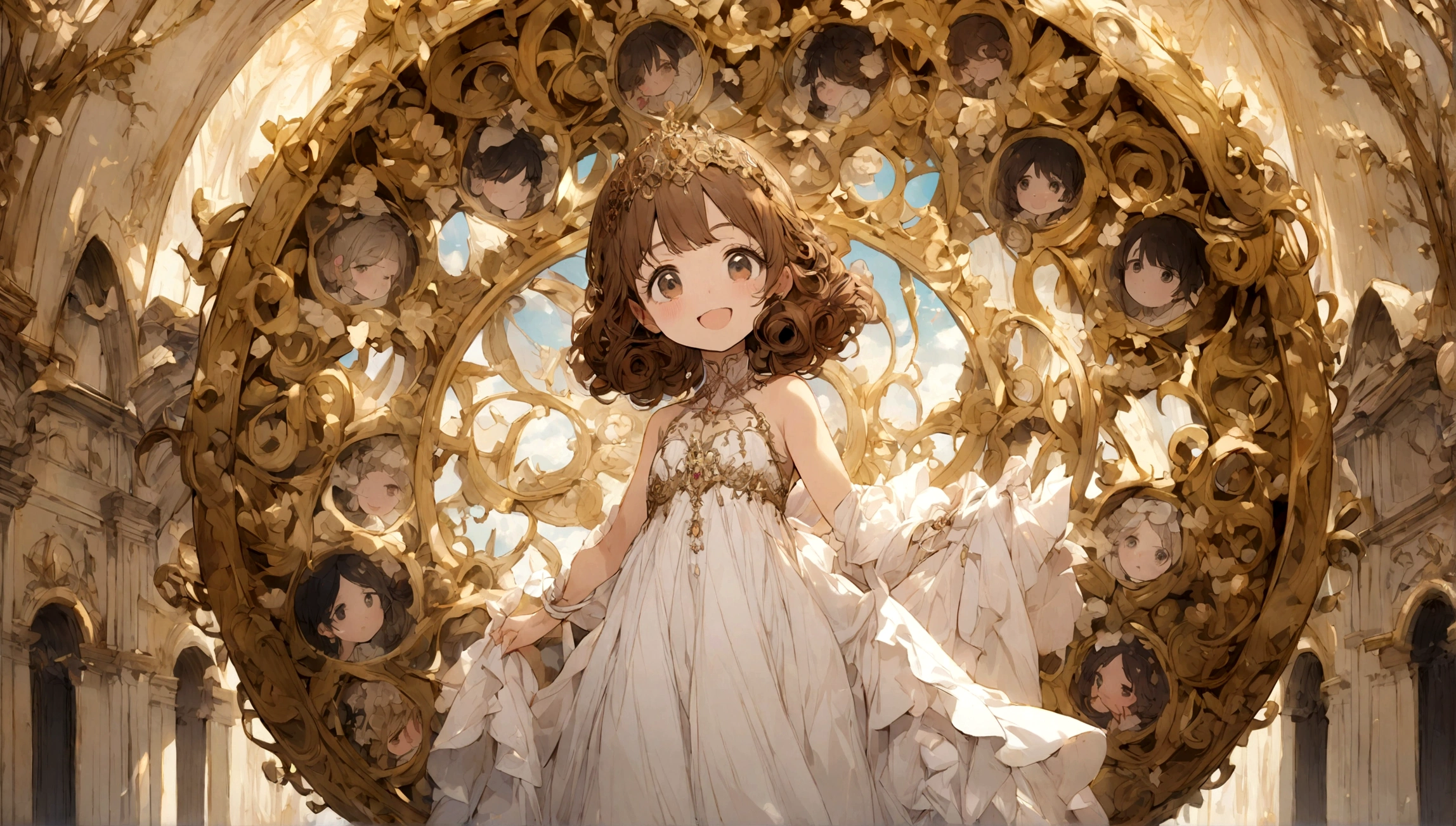 white dress: Curly brown hair, black eyes, very happy
a mirror in the round bottom
