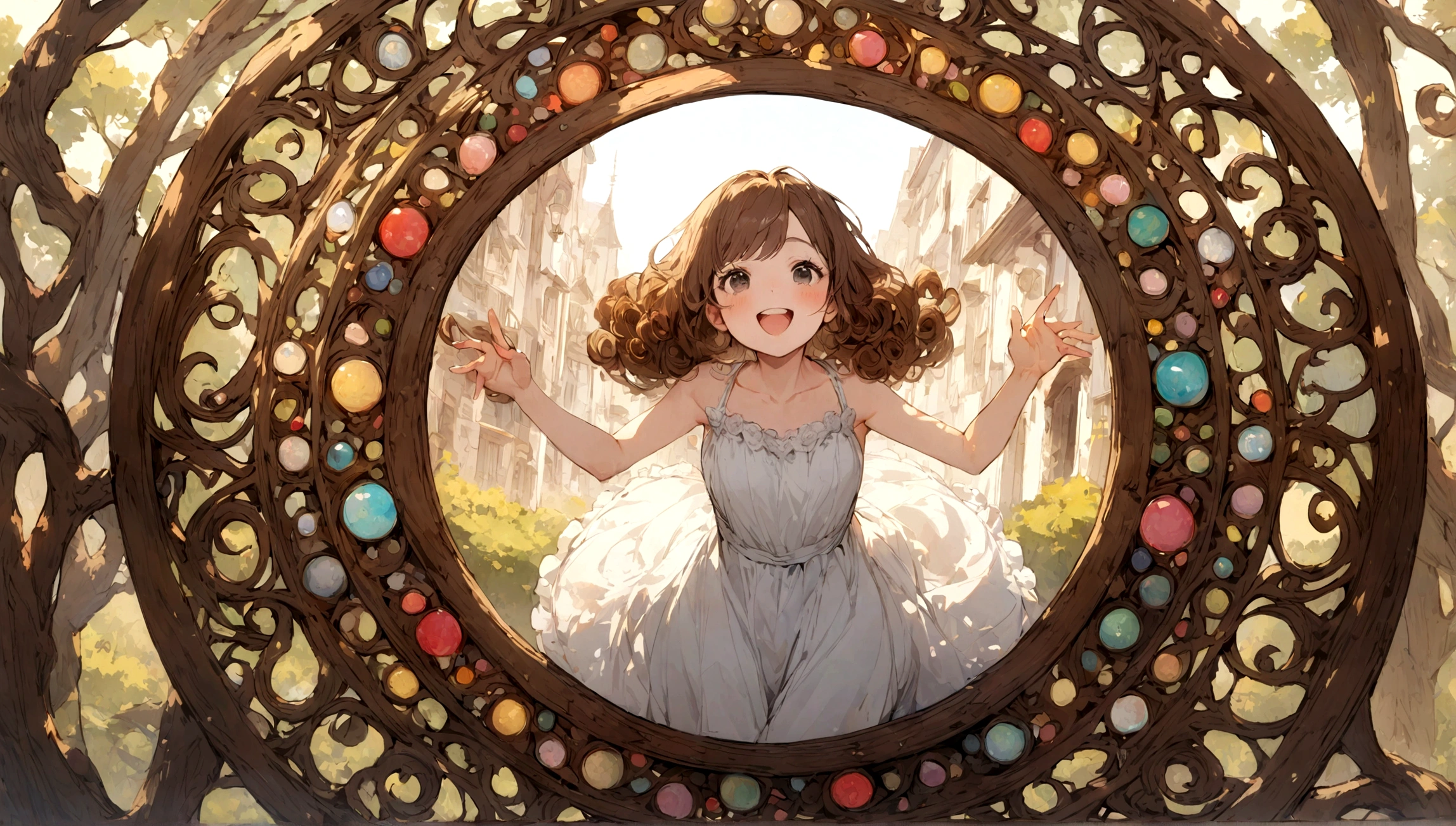 white dress: Curly brown hair, black eyes, very happy
a mirror in the round bottom