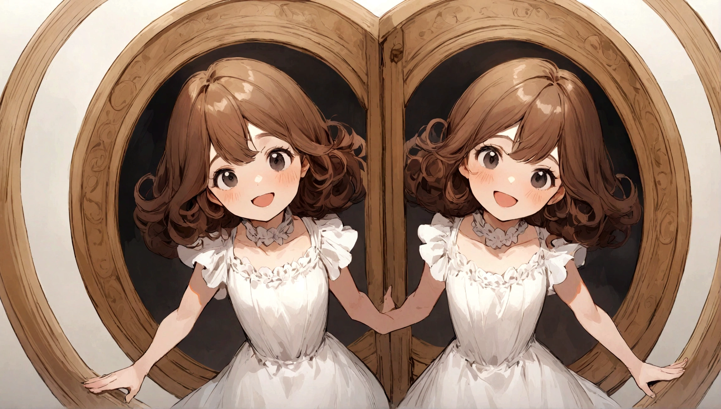 white dress: Curly brown hair, black eyes, very happy

a mirror in the round bottom