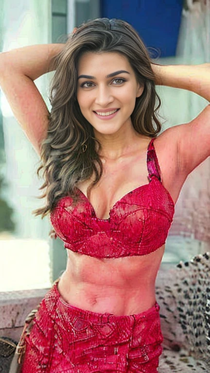 Front view of half body photo,cleavage and navel,selfie style, ultrarealistic ((hires half body close up photo)) of a 30-year-old krsa woman,(((milf body))),  outdoors, looking at camera, (micro bikini showing cleavage and navel), smiling, flowing hair, night time, bedroom, dark theme , fleshy face and body, tall figure,(( cleavage,fleshy navel)), (big cheeks)