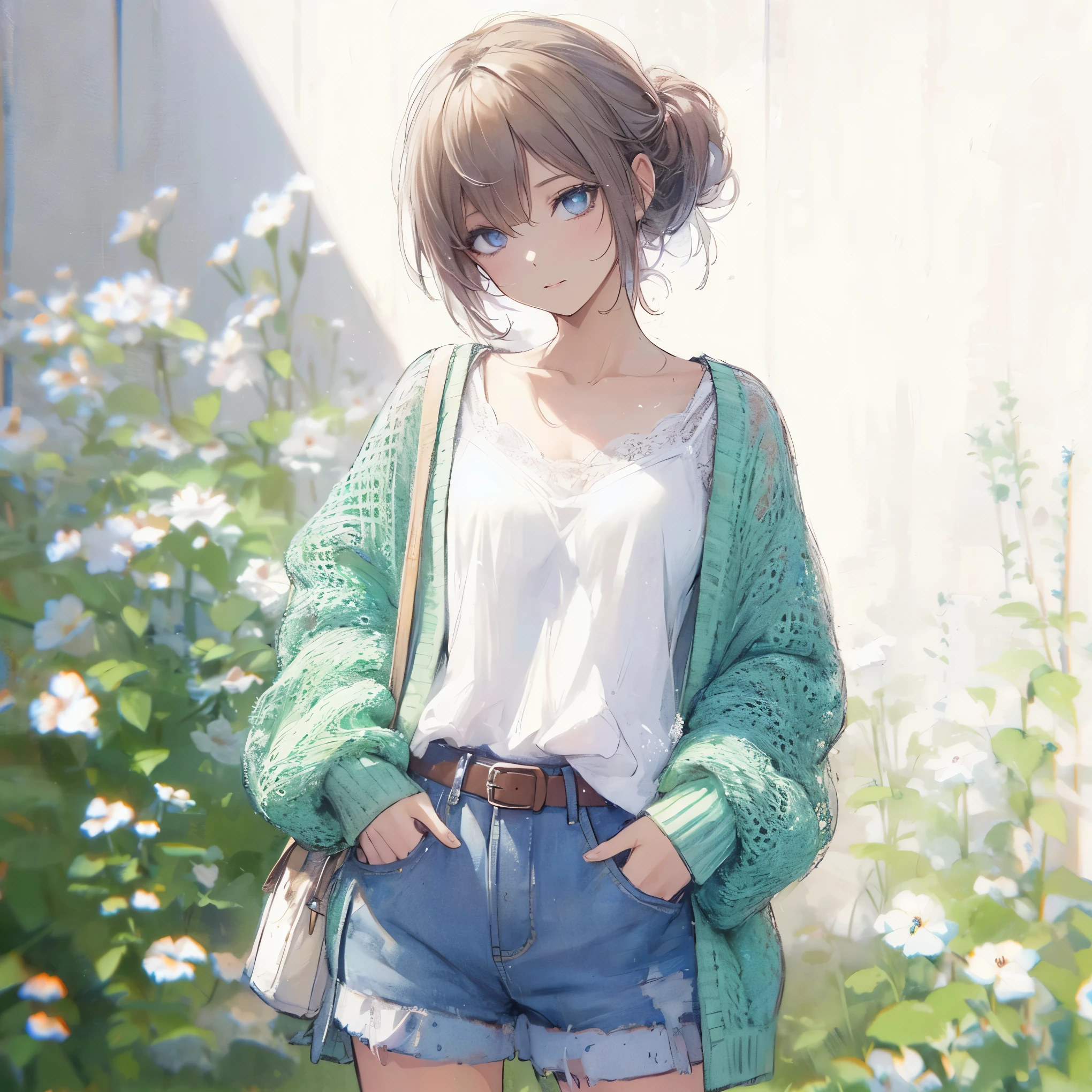 Official art using high-quality hand-drawn watercolor sketch techniques. (best quality,4k,8k,highres,masterpiece:1.2),ultra-detailed,beautiful detailed gray eyes,A girl with beautiful eyes, everyone, beautiful anime girl, cute anime girl, smooth anime art, anime style, elegant colors, soft lighting, delicate beautiful wet eyes, very coquettish, (beautiful large breast:1.2), (correct hands:1.2),