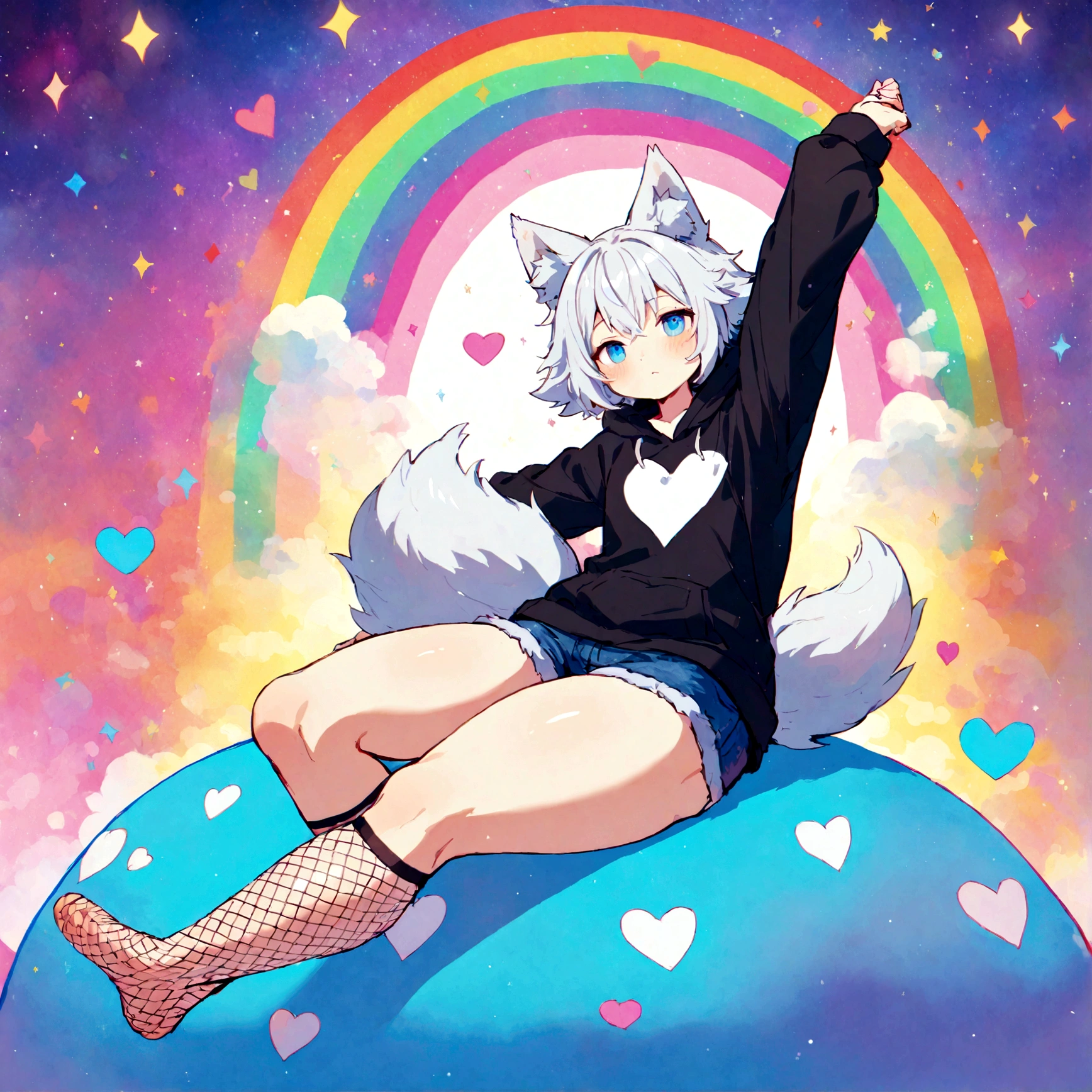 a cute adult male with wolf ears, white hair, has a wolf tail, wearing a loose cropped oversized black hoodie, wearing a pair of denim short shorts and fishnet stockings, thick thighs, wide hips, relaxing on mound of fluffy multi colored kawaii plushies, short, very slim, showing slender tummy, stretching out, heart on hoodie, squishy thighs, has glowing blue eyes. alone, solo (ALONE)(SOLO), surrounded by rainbows, colorful galaxy backround