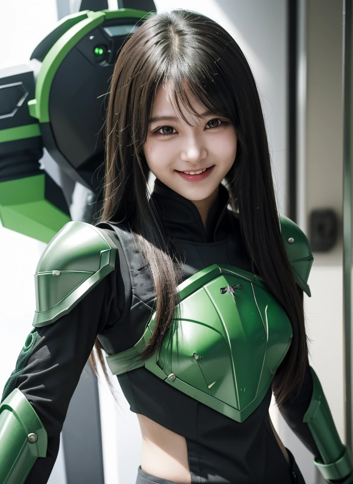 Armoured girl, realistic, long hair, lite green black robotics, smile,